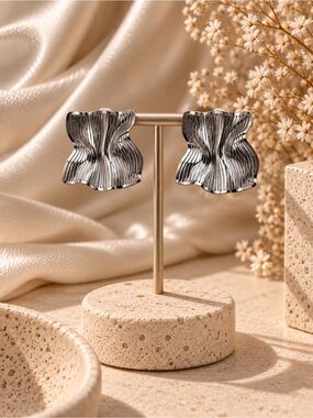 Silver Textured Wave Statement Earrings